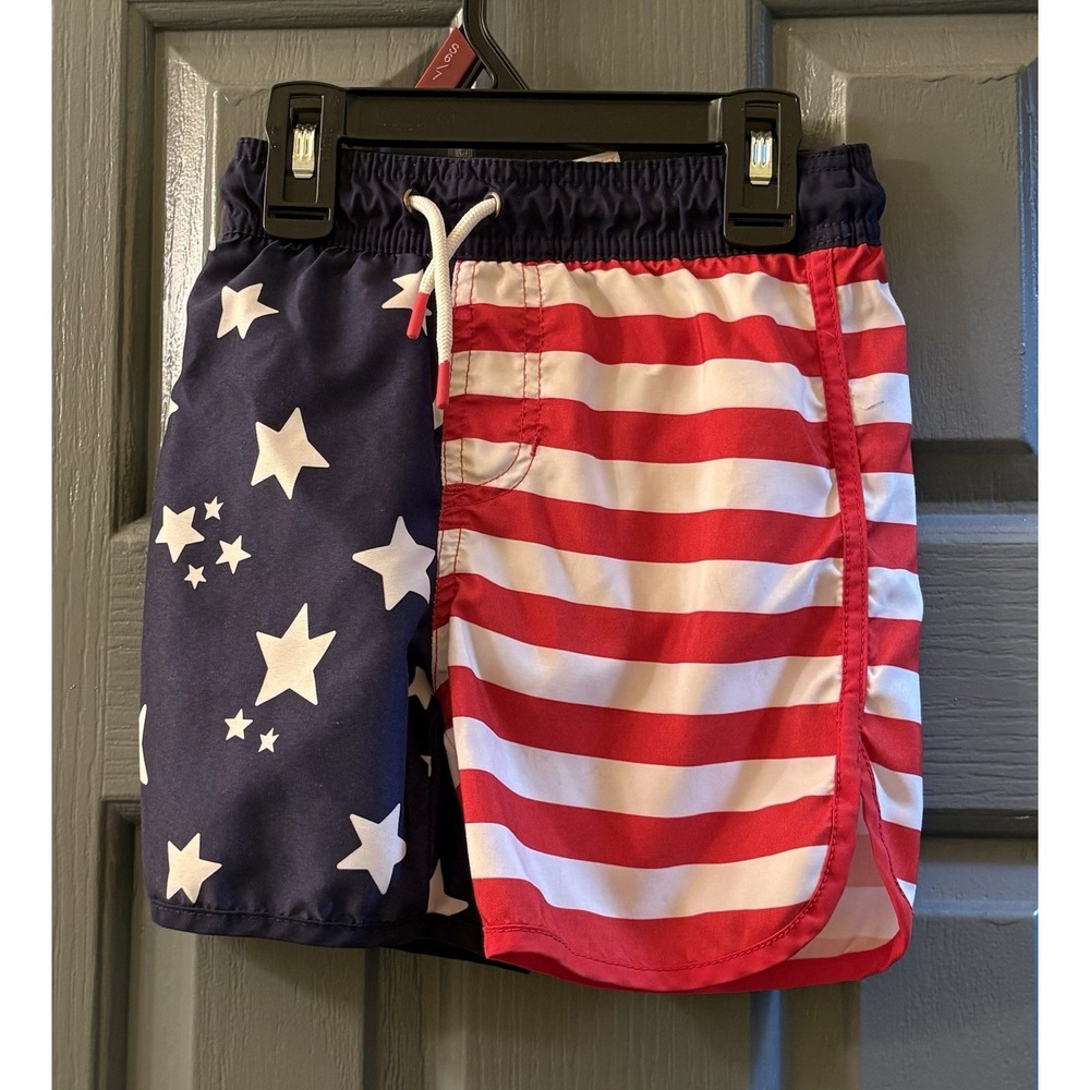 Cat & Jack Boys Size 4/5 Stars & Stripes Flag Swim Trunks Red White Blue